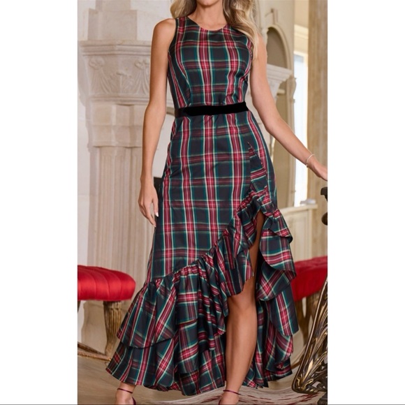 NWT Boston Proper Tartan Plaid Sleeveless High Neck Taffeta Ruffle Gown - Picture 9 of 12